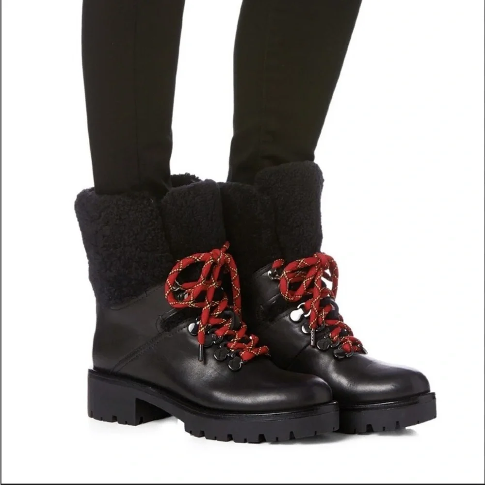 Aquatalia Jamie Black leather combat lace up boot shearling trim moto 11